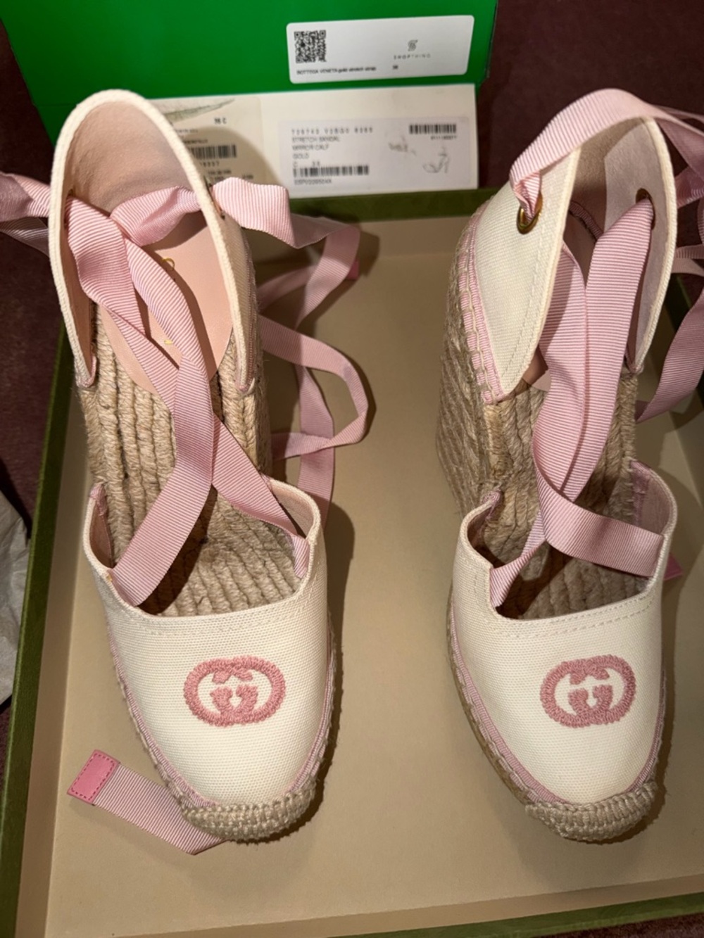Gucci Cream Canvas Espadrille Wedges with Pink Trim and Ribbon
